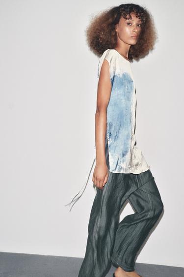 PANTALON AVEC LIN COUTURES CONTRASTE - Vert / Bleu de Zara - Image 3