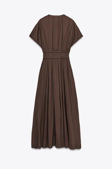 Zara ZW COLLECTION PLEATED MIDI DRESS - Brown