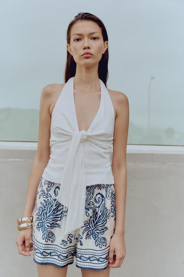 Zara PRINTED SATIN EFFECT PAPER BAG SHORTS - Ecru - Image 0