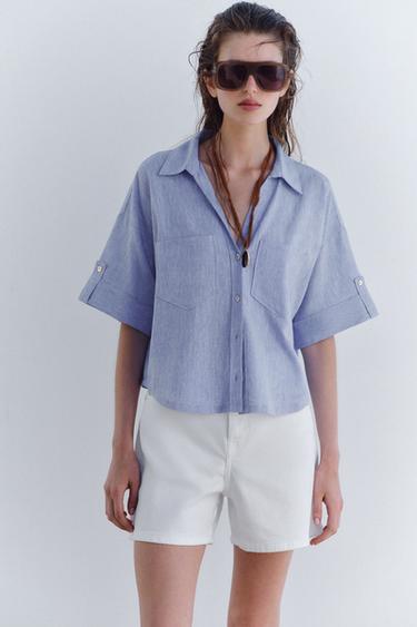 CROPPED LINEN BLEND SHIRT - Light blue by Zara