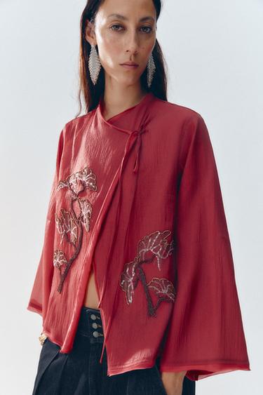 KIMONO GASA BORDADOS ABALORIOS - Rojizo de Zara