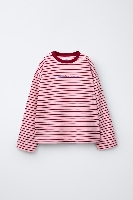 Zara STRIPED TEXT T-SHIRT - Light fuchsia - Image 0