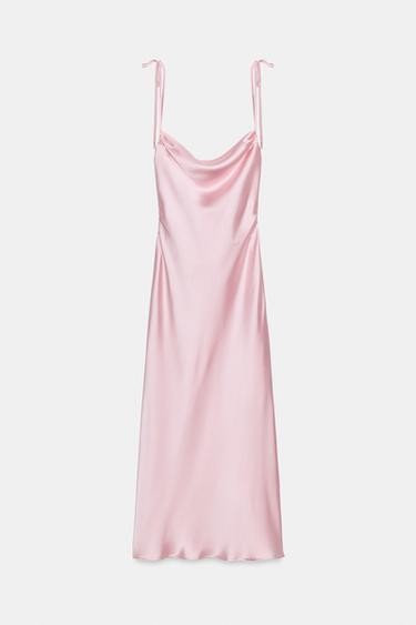 ROBE MI-LONGUE SATINÉE À BRETELLES ET NŒUDS - Rose de Zara - Image 3