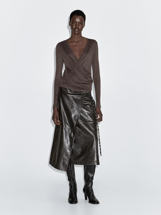 Lyocell and wool top with surplice neckline