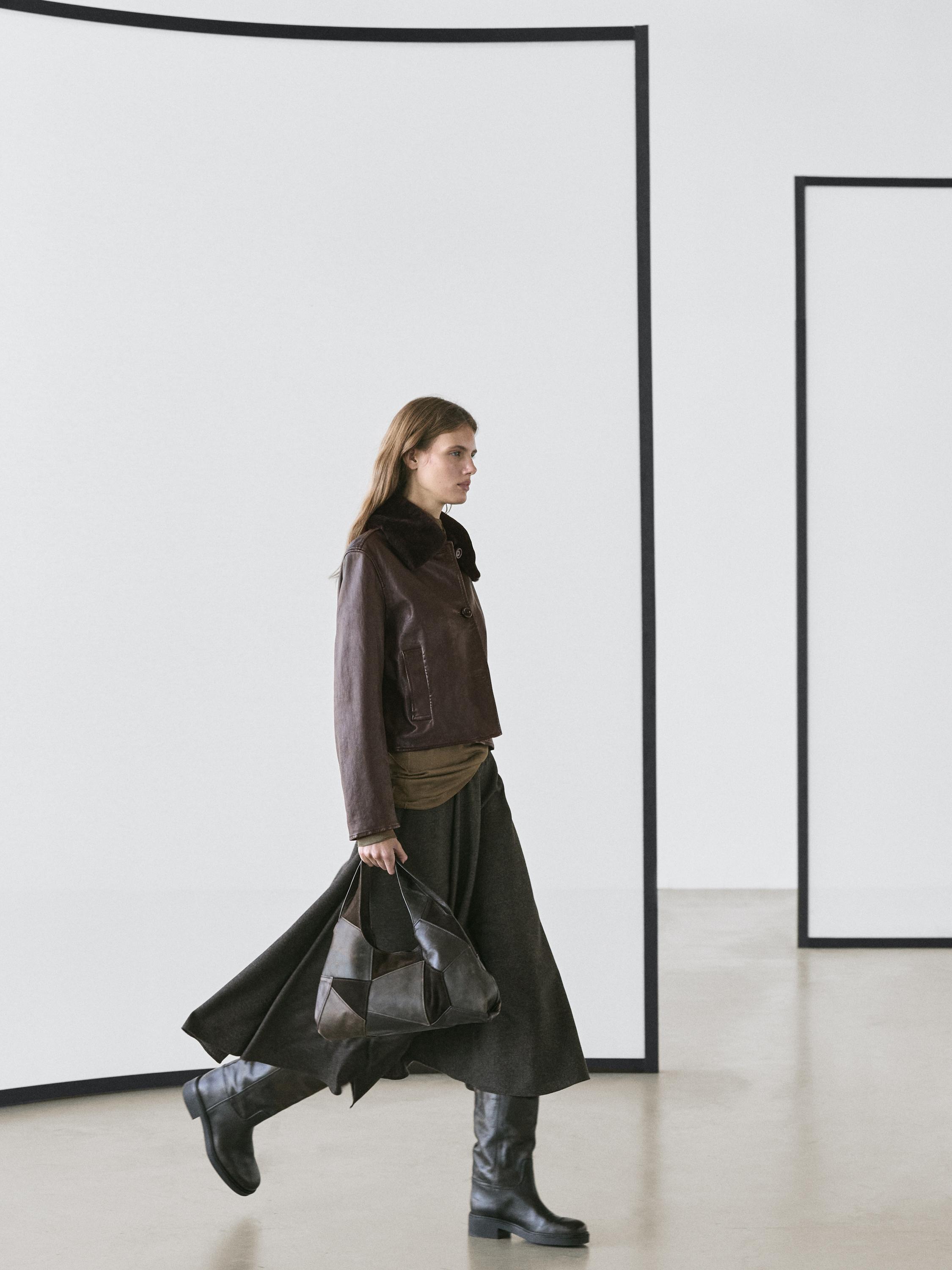 Veste en cuir nappa à col fourrure