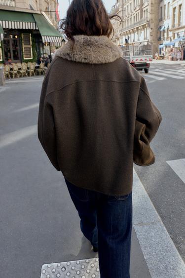 MANTEAU AVEC LAINE COL EFFET FOURRURE - Kaki foncé de Zara - Image 2