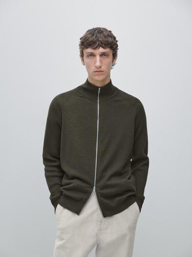 Zara Knit cotton blend cardigan with raglan sleeves - KHAKI