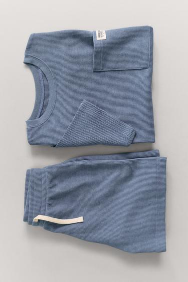 Zara AGES 6-14 / WAFFLE KNIT LABEL PAJAMAS - Blue