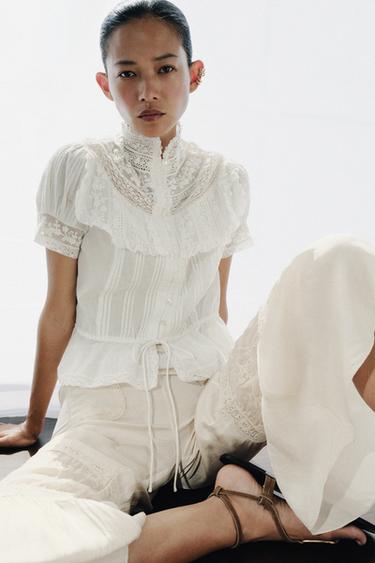 EMBROIDERED LACE PLEATED BLOUSE - Oyster-white by Zara - Image 1