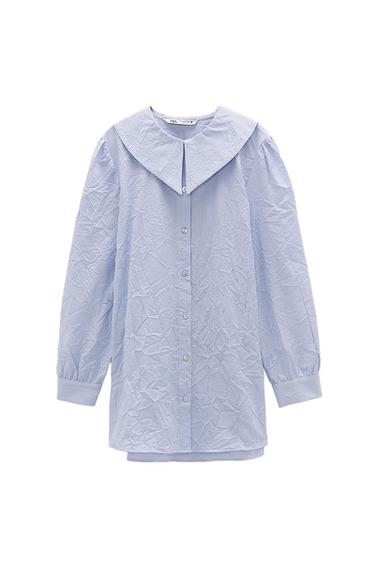 Blue and white striped shirt with a crinkled texture, wide collar, long sleeves, and front button fastening, on a white background.