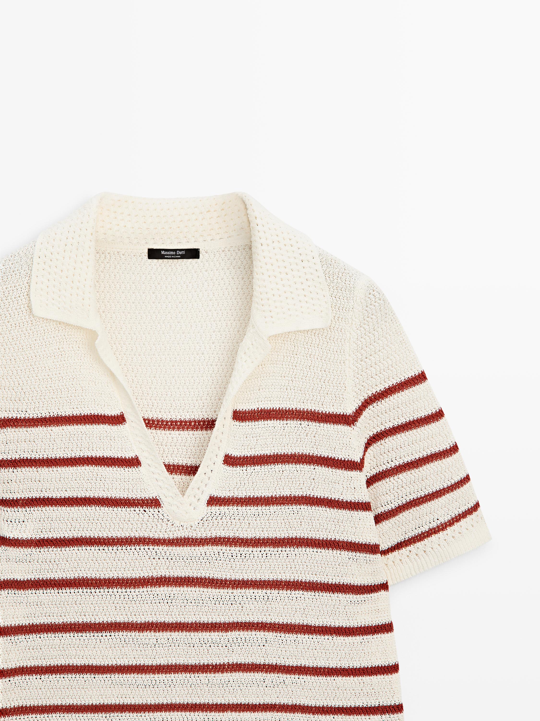 Striped cotton blend knit polo shirt