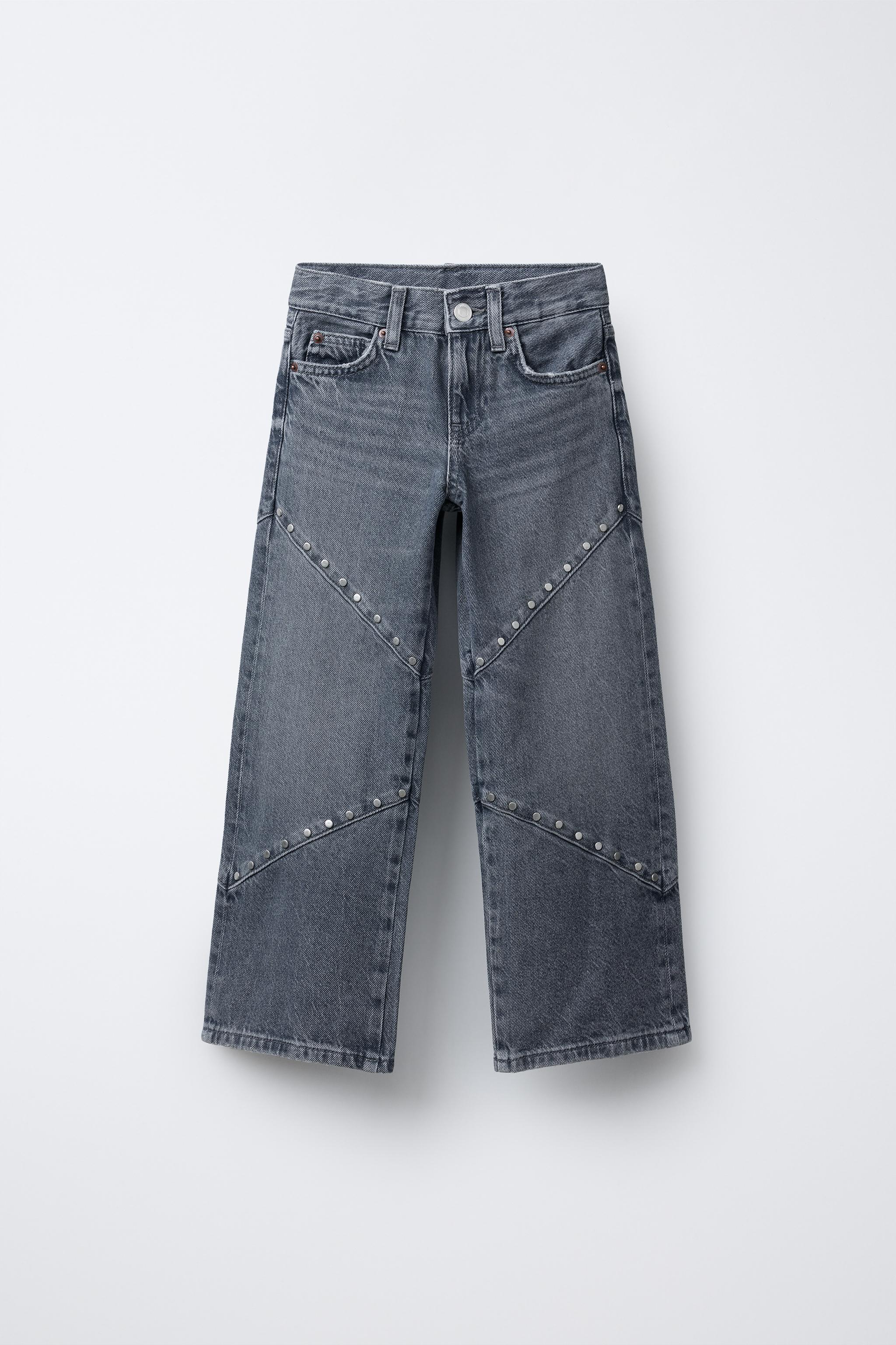 スタッズ付きワイドレッグデニムパンツ - ブルー/グレー | ZARA