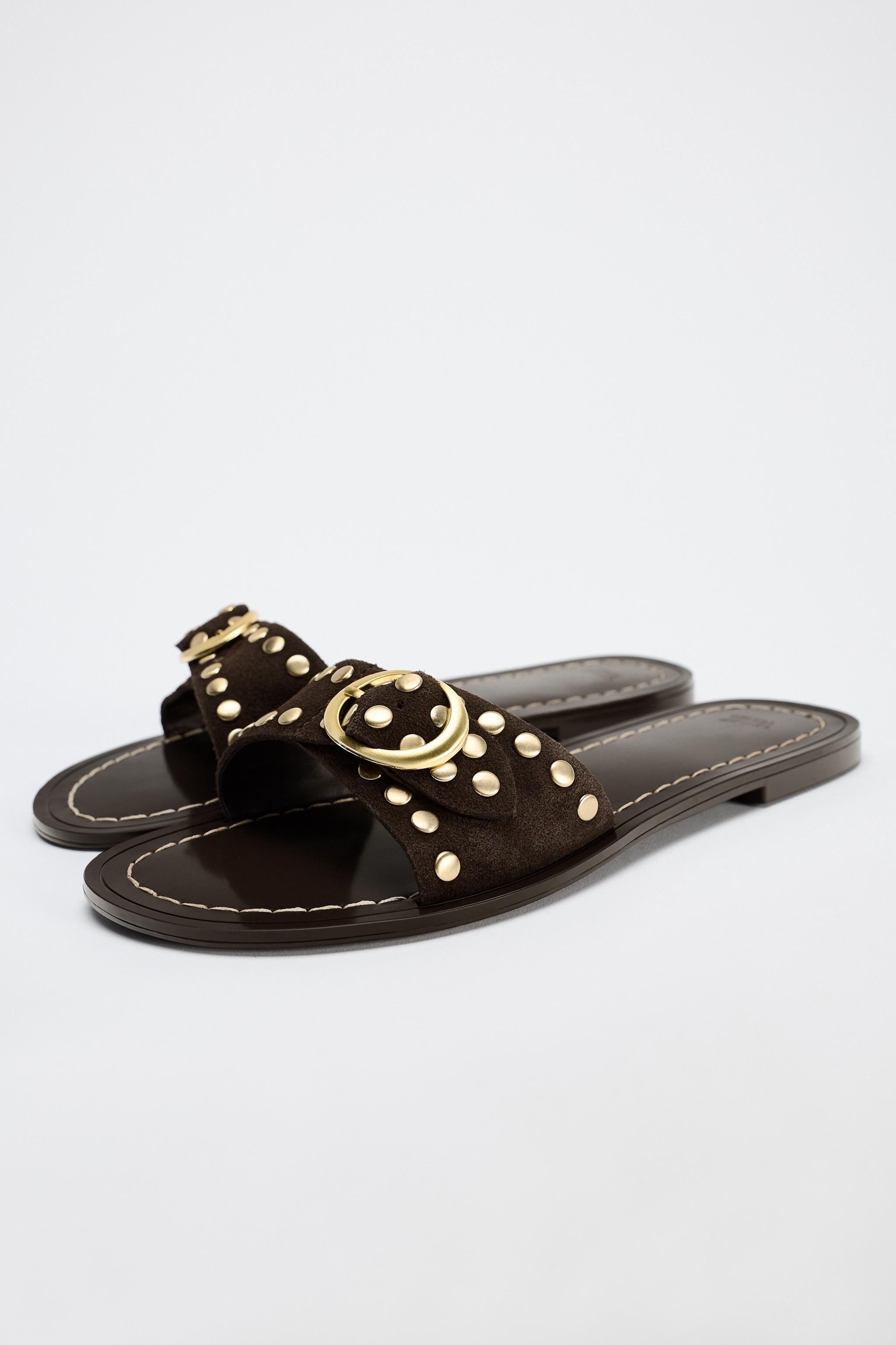 Zara Studded Flat Suede Sandals Brown Women