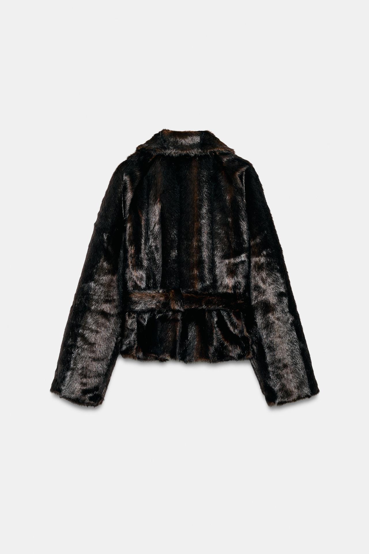 FAUX FUR BELTED COAT — Dark brown