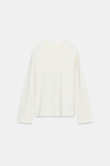 TEXTURED LONG SLEEVE T-SHIRT - Oyster-white by Zara