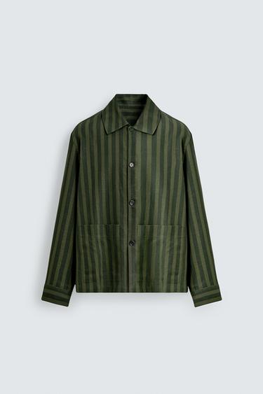 SOBRECAMISA LINO - VISCOSA RAYAS - Khaki oscuro de Zara
