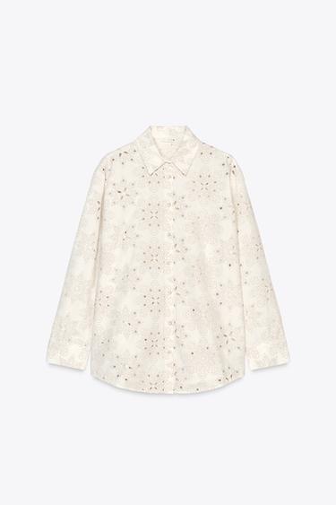 CAMISA BORDADOS PERFORADOS ENGOMADOS - Crudo / Beige de Zara