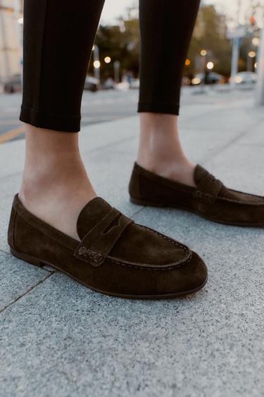 Zara TOPSTITCHED SPLIT SUEDE LOAFERS - Chocolate Brown