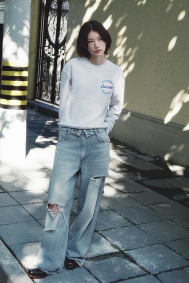 TRF MID-WAIST FOLDED WAISTBAND JEANS - Light blue by Zara