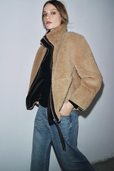 Zara ZW COLLECTION FAUX SHEARLING DOUBLE-FACED JACKET - Mid-camel
