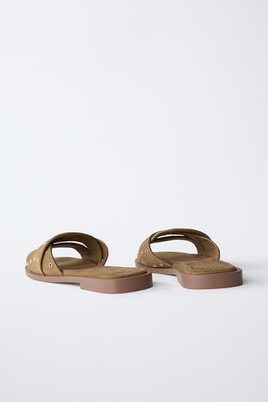 CROSS-STRAP FLAT SPLIT SUEDE SANDALS - Brown by Zara - Image 3