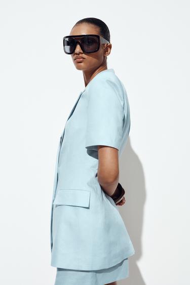 TAILORED SHORT SLEEVE LINEN BLEND BLAZER - Light blue by Zara - Image 2