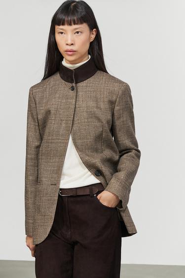Checked blazer with contrast collar — Brown 2