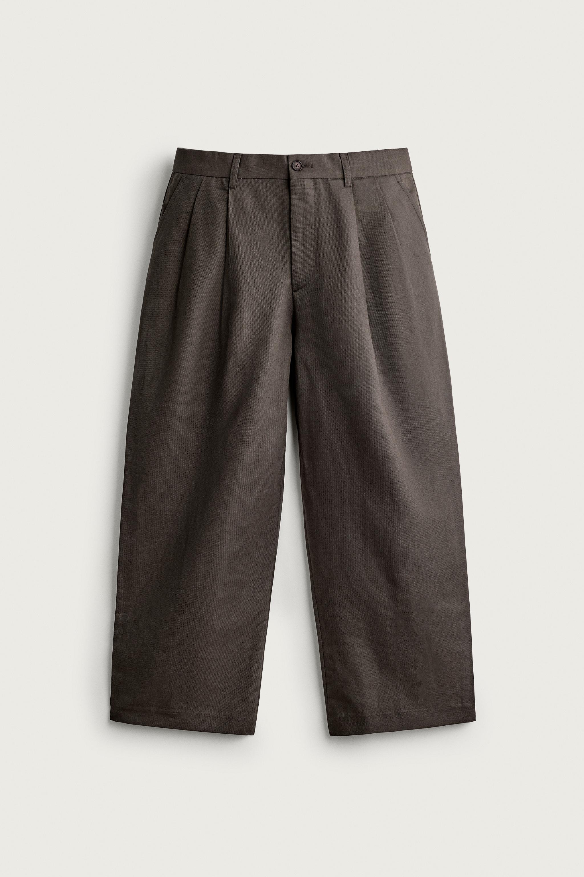 COTTON-LINEN PLEATED CHINO TROUSERS — Khaki