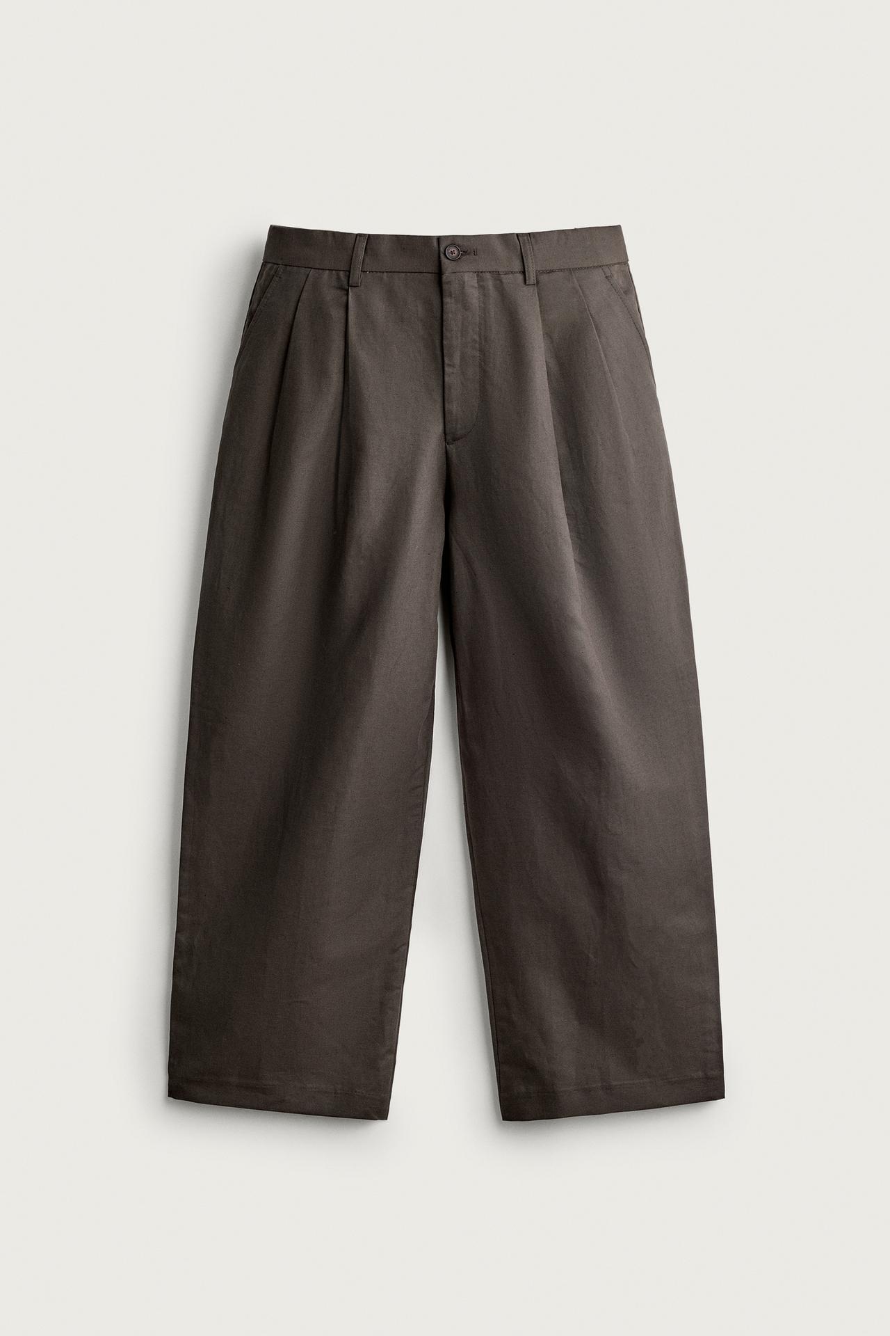 COTTON-LINEN PLEATED CHINO PANTS — Khaki