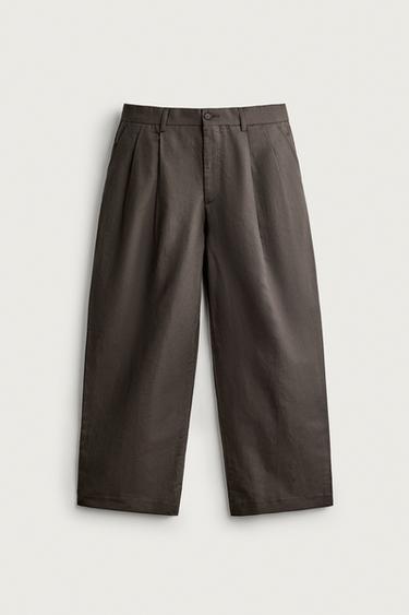 Zara COTTON-LINEN PLEATED CHINO TROUSERS - Khaki