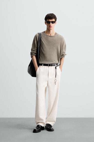 Zara TEXTURED REGULAR FIT PANTS - Ecru