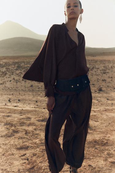 SATIN BLOUSE WITH CAPE SLEEVES - Brown by Zara