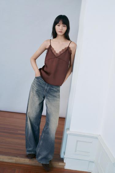 Zara 蕾絲緞面上衣 - 巧克力色