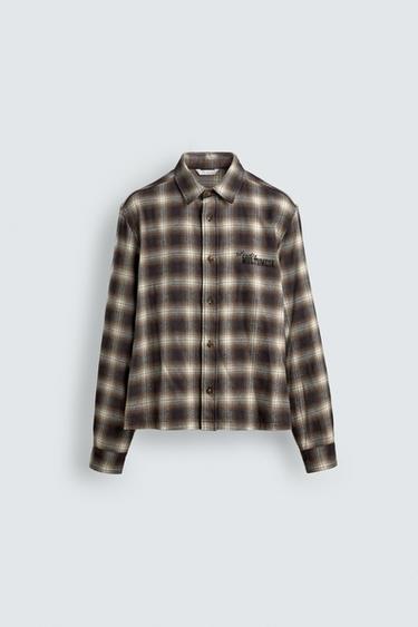 CHEMISE À CARREAUX BRODÉE - Marron de Zara