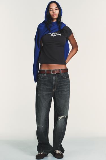 Zara FRONT TEXT T-SHIRT - Charcoal - Image 0