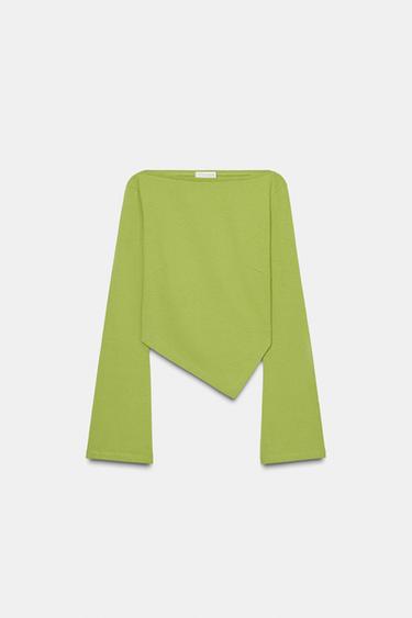 Zara ASYMMETRIC BOAT NECK T-SHIRT - GREEN