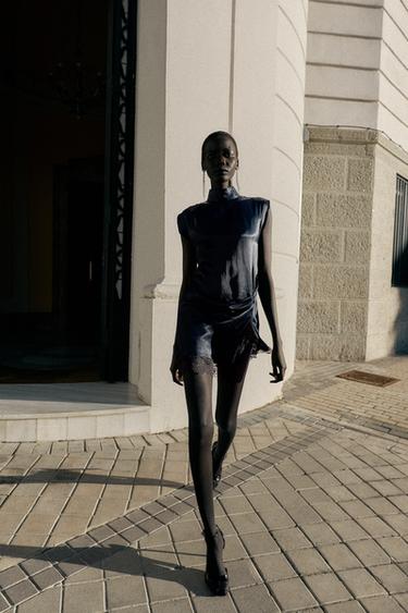 MINI SATIN DRESS WITH LACE DETAIL - Navy blue by Zara