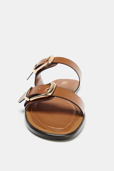 DOUBLE-STRAP BUCKLE FLAT SANDALS - Brown by Zara - Image 4