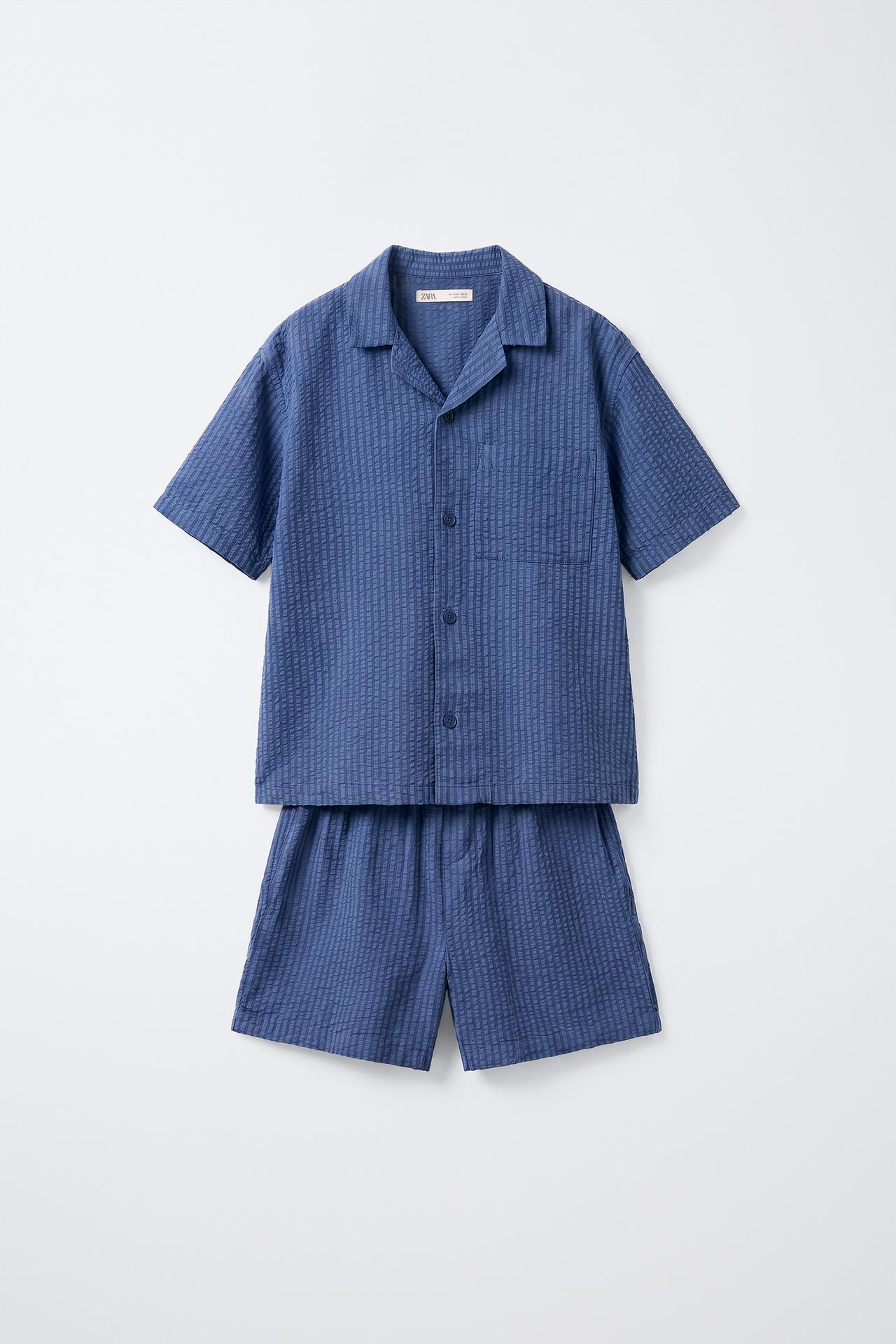 6-14 YEARS/ SEERSUCKER MODAL BLEND PYJAMA SHIRT SET — Blue