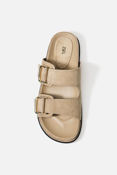 SPLIT SUEDE STRAPPY FLAT SANDALS - Sand Brown by Zara