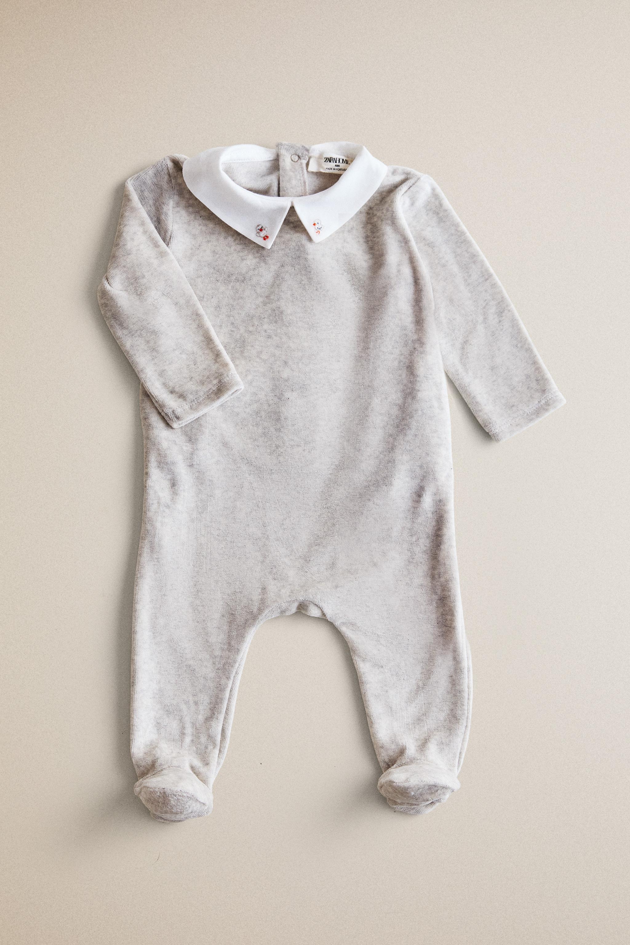 BABY VELOUR FOOTED ROMPER — Gray marl