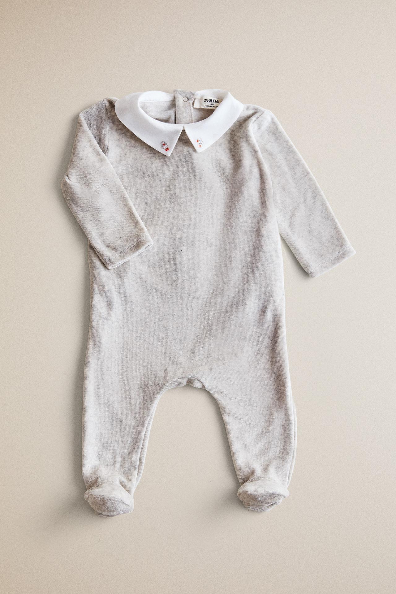 BABY VELOUR FOOTED ROMPER — Gray marl