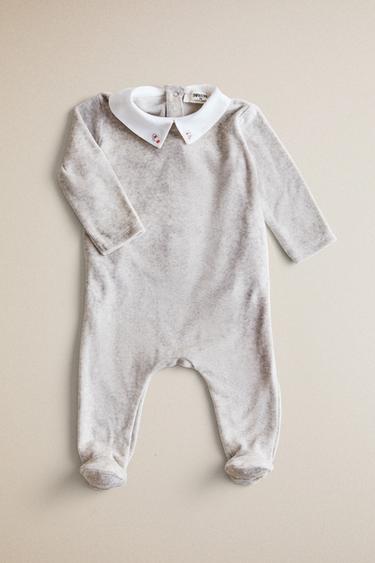 BABY VELOUR FOOTED ROMPER — Gray marl 1