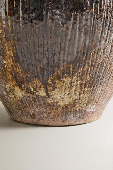 LARGE STRIPED STONEWARE VASE - Dark khaki by Zara - Image 2