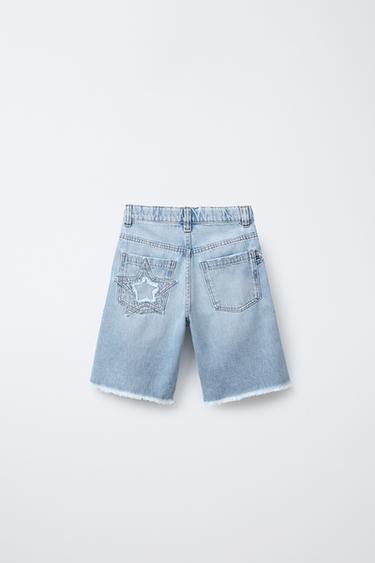 Zara STAR PATCH RELAXED BAGGY DENIM SHORTS - Light blue