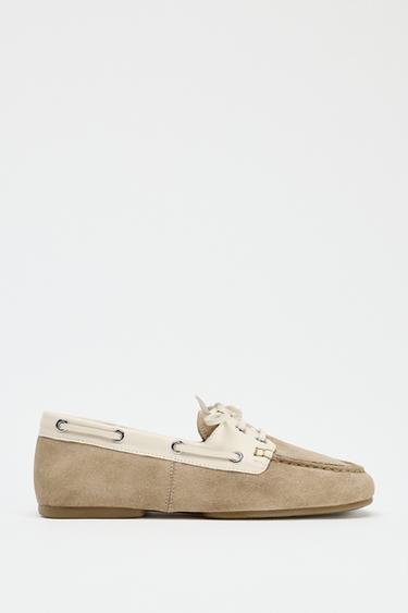 CONTRAST SUEDE LACE-UP LOAFERS - Ecru White by Zara