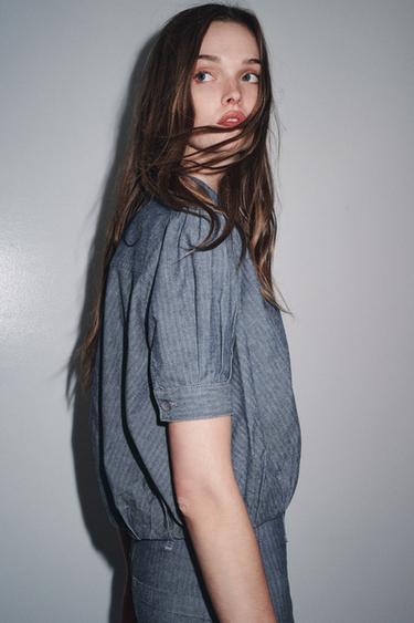 Zara ZW COLLECTION PLEATED DENIM SHIRT - Blue
