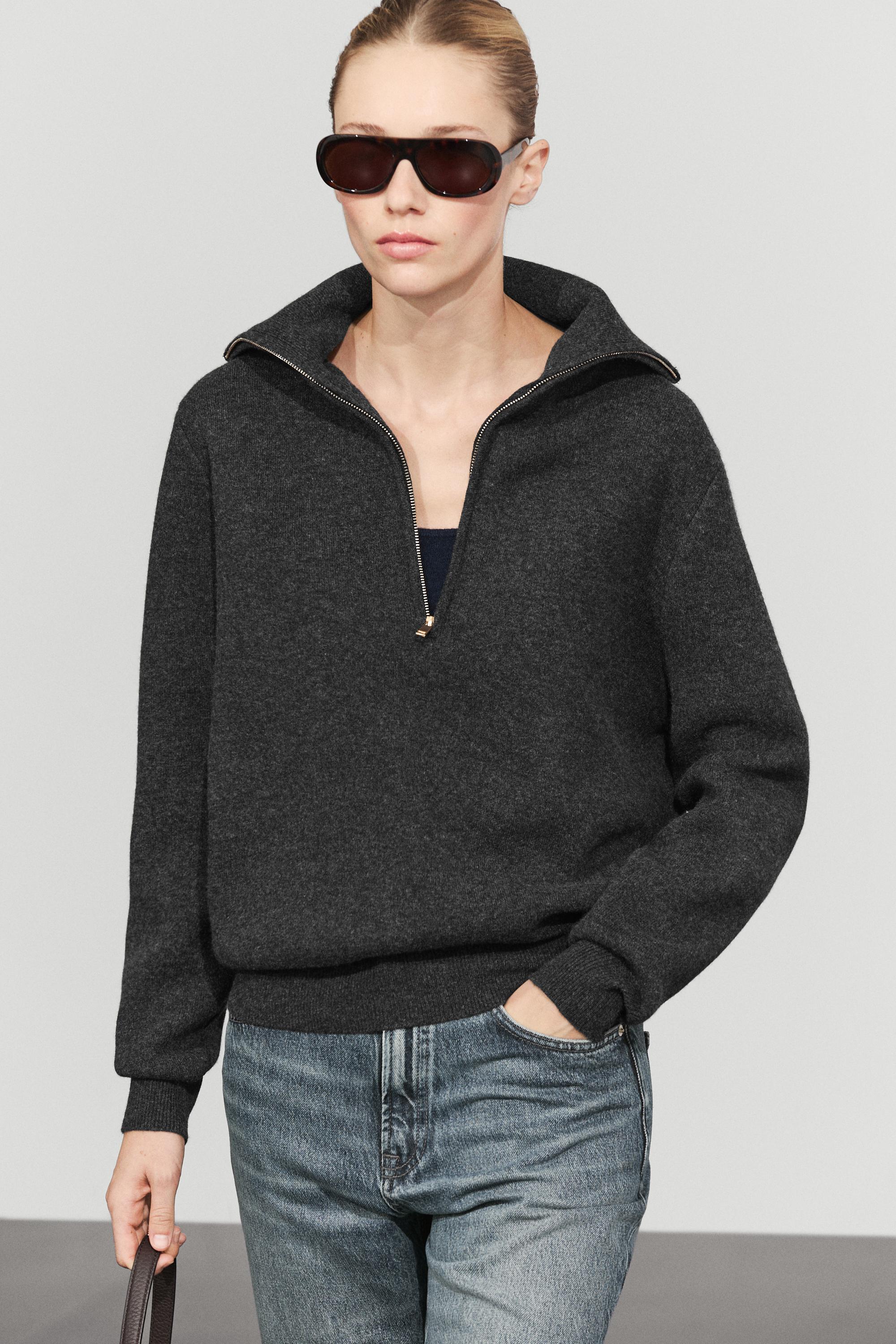 Wide collar zip-up knit sweater — Anthracite grey