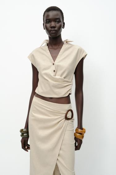 TOP PLIEGUES CON LINO - Beige claro de Zara