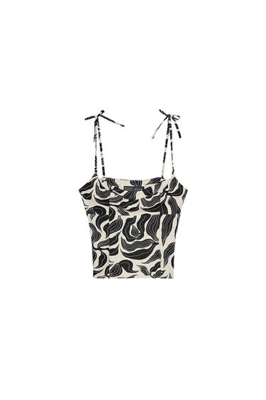 Zara PRINTED LINEN TOP - Black / Ecru - Image 0